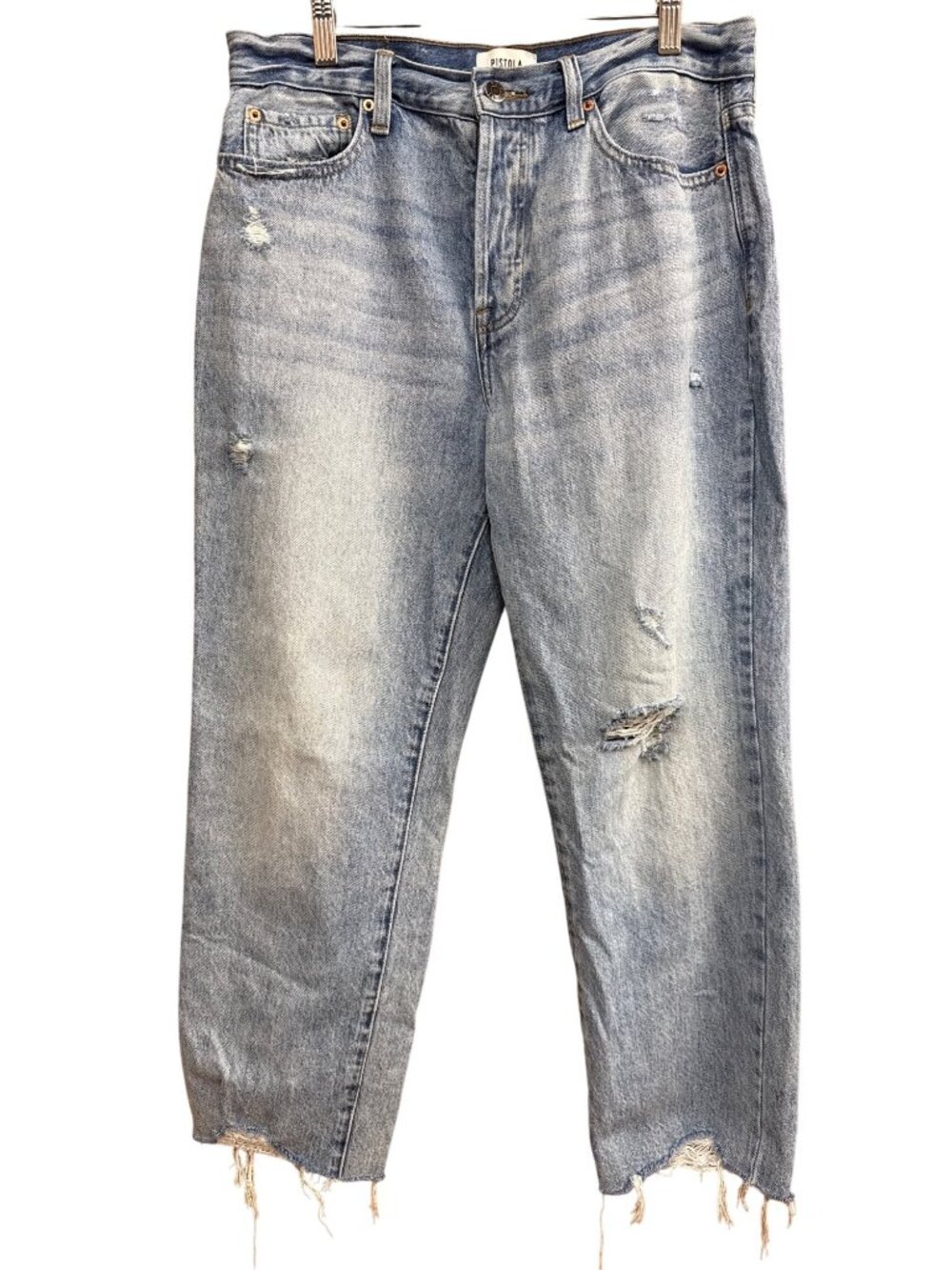 Pistola Distressed High-Rise Straight-Leg Jeans Size 30 Light Wash Frayed Hem